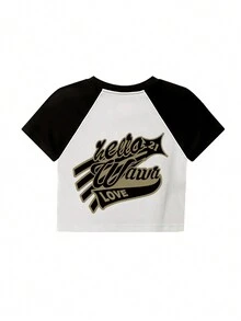 Camiseta crop con estampado de letra de manga raglán - Negro - Ver 2
