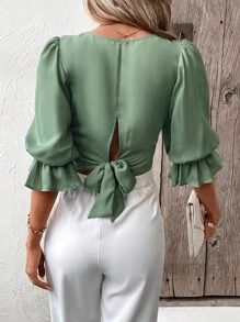 SHEIN Frenchy 後綁帶荷葉袖短款襯衫 - 綠色 - 查看 6