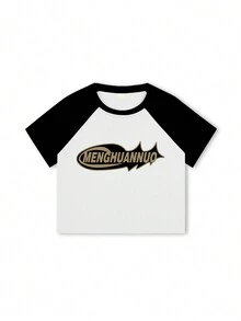 Camiseta crop con estampado de letra de manga raglán - Negro - Ver 5