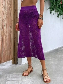 Solid Pointelle Knit Skirt - Purple - View 5