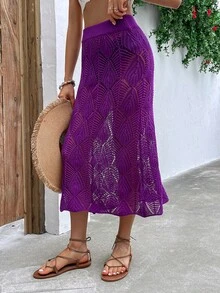 Solid Pointelle Knit Skirt - Purple - View 6