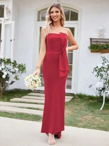 Big Bow Side Mermaid Hem Bridesmaid Dress - Red - View 1