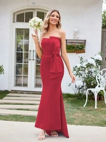 Big Bow Side Mermaid Hem Bridesmaid Dress - Red - View 3