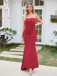 Big Bow Side Mermaid Hem Bridesmaid Dress - Red - View 4