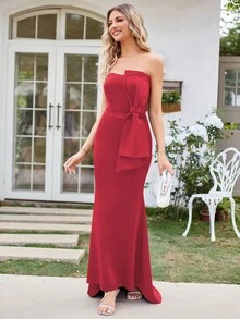 Big Bow Side Mermaid Hem Bridesmaid Dress - Red - View 5