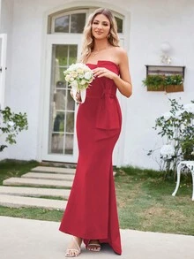 Big Bow Side Mermaid Hem Bridesmaid Dress - Red - View 6