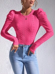 SHEIN Privé Eyelet Embroidery Gigot Sleeve Tee - Hot Pink - View 4