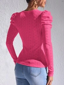 SHEIN Privé Eyelet Embroidery Gigot Sleeve Tee - Hot Pink - View 2