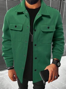 Manfinity Homme Men Button Front Flap Pocket Overcoat - Dark Green - View 1