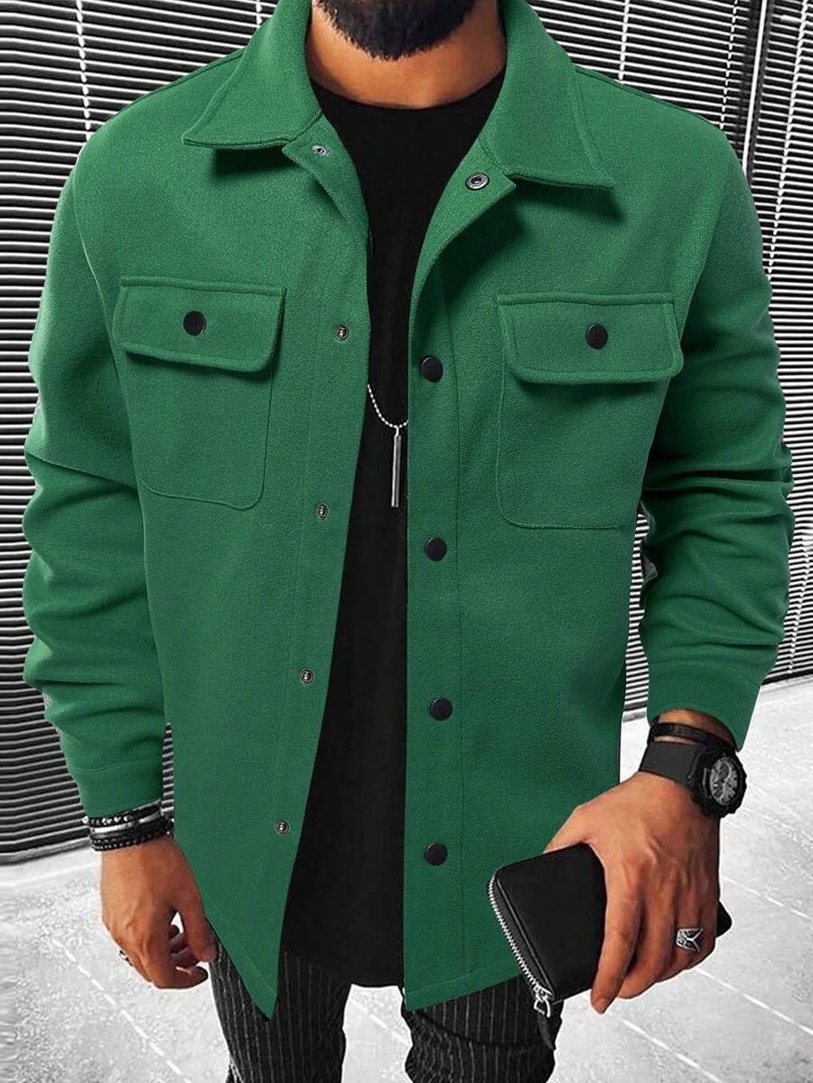 Manfinity Homme Men Button Front Flap Pocket Overcoat - Dark Green - View 1