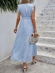 SHEIN Holidaya 條紋圖案荷葉邊連衣裙 - 淺藍色 - 查看 2