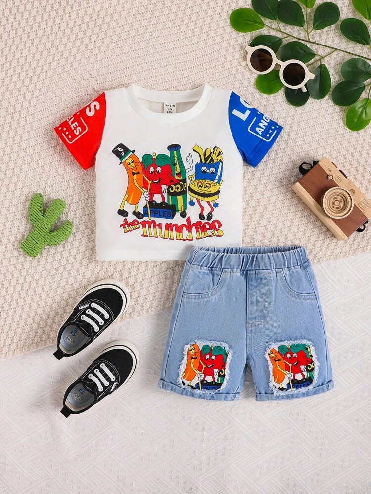 Baby Boy Cartoon Graphic Tee & Raw Cut Denim Shorts