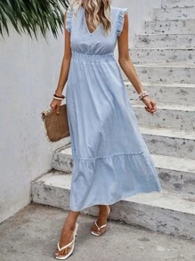 SHEIN Holidaya 條紋圖案荷葉邊連衣裙 - 淺藍色 - 查看 3