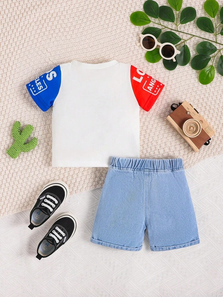 Baby Boy Cartoon Graphic Tee & Raw Cut Denim Shorts