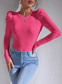 SHEIN Privé Eyelet Embroidery Gigot Sleeve Tee - Hot Pink - View 3