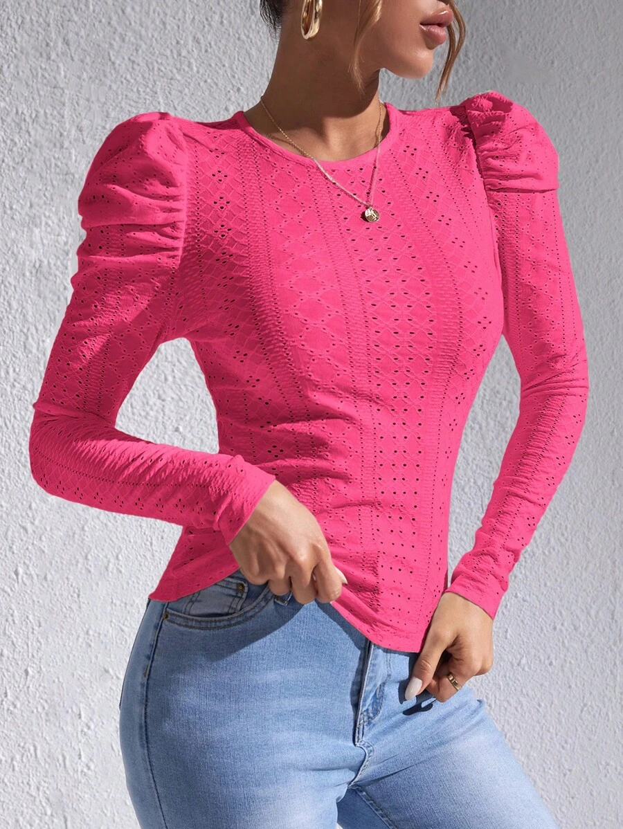 SHEIN Privé Eyelet Embroidery Gigot Sleeve Tee - Hot Pink - View 1