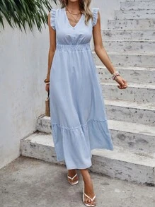 SHEIN Holidaya 條紋圖案荷葉邊連衣裙 - 淺藍色 - 查看 5