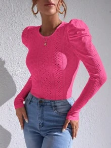 SHEIN Privé Eyelet Embroidery Gigot Sleeve Tee - Hot Pink - View 5