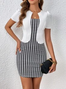 SHEIN Clasi Đầm Dây kéo 2 trong1 răng cưa Thanh lịch - Đen và trắng - Xem 3