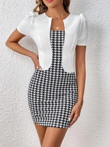 SHEIN Clasi Đầm Dây kéo 2 trong1 răng cưa Thanh lịch - Đen và trắng - Xem 4