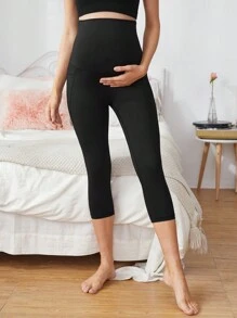 SHEIN 孕婦素色七分打底褲 - 黑色 - 查看 1