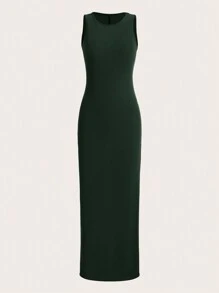 SHEIN Vestido casual tank unicolor de muslo con abertura - Verde Oscuro - Ver 1