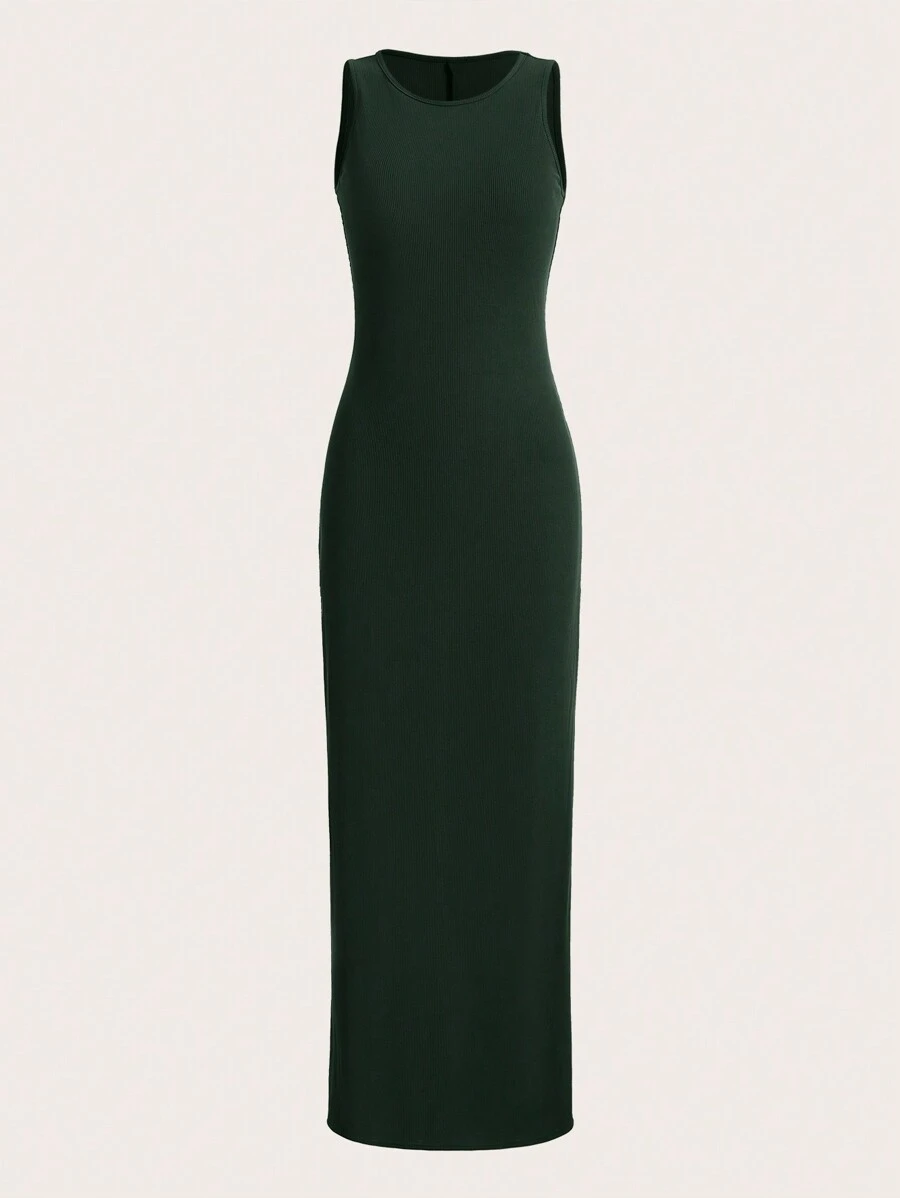 SHEIN Vestido casual tank unicolor de muslo con abertura - Verde Oscuro - Ver 1