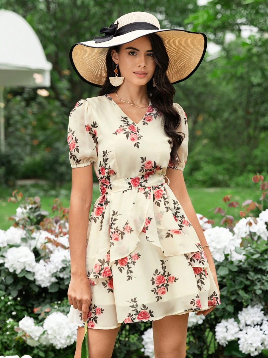 SHEIN Clasi Floral Print Puff Sleeve Ruffle Trim Belted Dress Kentucky Derby Dress - Multicolor - View 1