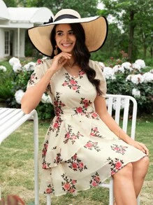 SHEIN Clasi Floral Print Puff Sleeve Ruffle Trim Belted Dress Kentucky Derby Dress - Multicolor - View 4