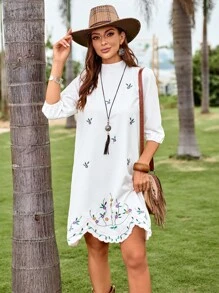 SHEIN Frenchy Đầm Thêu Sò điệp Hoa Boho - trắng - Xem 6