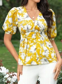 SHEIN Clasi 印花泡泡袖荷葉邊下擺襯衫 - 彩色 - 查看 1