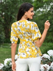 SHEIN Clasi 印花泡泡袖荷葉邊下擺襯衫 - 彩色 - 查看 2