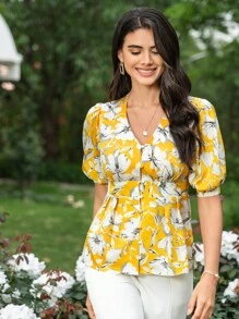 SHEIN Clasi 印花泡泡袖荷葉邊下擺襯衫 - 彩色 - 查看 4