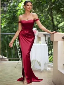 LOVE&LEMONADE Off Shoulder Split Thigh Party Dress - Burgundy - View 1
