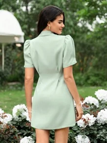 SHEIN Frenchy 青果領泡泡袖雙排釦連衣裙 - 綠色 - 查看 2