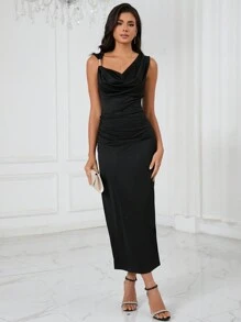 Aveloria Vestido ajustado de cuello asimétrico de muslo con abertura fruncido