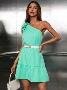 GENKIRA Đầm Nơ Bướm Viên lá sen màu trơn Dễ thương - Màu xanh Bạc hà - Xem 3