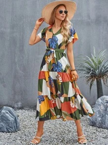 SHEIN Clasi Tropical Print Belted Ruffle Hem Dress - Multicolor - View 1