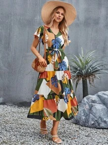 SHEIN Clasi Tropical Print Belted Ruffle Hem Dress - Multicolor - View 3