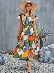 SHEIN Clasi Tropical Print Belted Ruffle Hem Dress - Multicolor - View 5