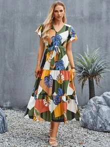 SHEIN Clasi Tropical Print Belted Ruffle Hem Dress - Multicolor - View 6