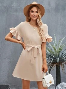 Aveloria Ruffle Trim Belted Dress - Khaki - View 1