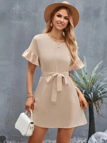 Aveloria Ruffle Trim Belted Dress - Khaki - View 4