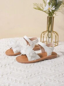 女孩花朵裝飾透氣踝帶婚禮涼鞋適合夏天戶外 - 白色 - 查看 1