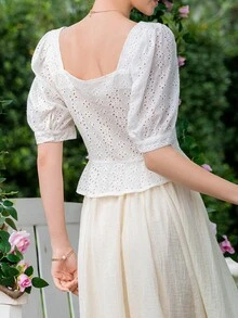 SHEIN MOD Áo sơ mi nữ Nút phía trước Tranh thêu màu trơn Boho - trắng - Xem 2