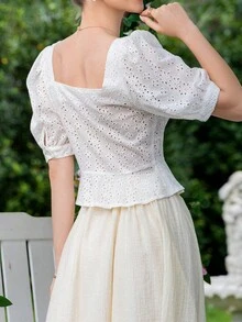 SHEIN MOD Áo sơ mi nữ Nút phía trước Tranh thêu màu trơn Boho - trắng - Xem 3