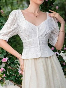 SHEIN MOD Áo sơ mi nữ Nút phía trước Tranh thêu màu trơn Boho - trắng - Xem 4