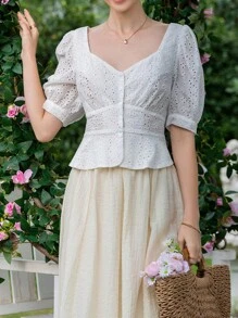 SHEIN MOD Áo sơ mi nữ Nút phía trước Tranh thêu màu trơn Boho - trắng - Xem 5