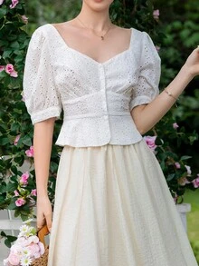 SHEIN MOD Áo sơ mi nữ Nút phía trước Tranh thêu màu trơn Boho - trắng - Xem 6