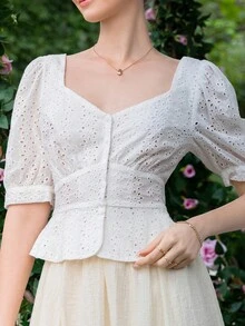 SHEIN MOD Áo sơ mi nữ Nút phía trước Tranh thêu màu trơn Boho - trắng - Xem 7